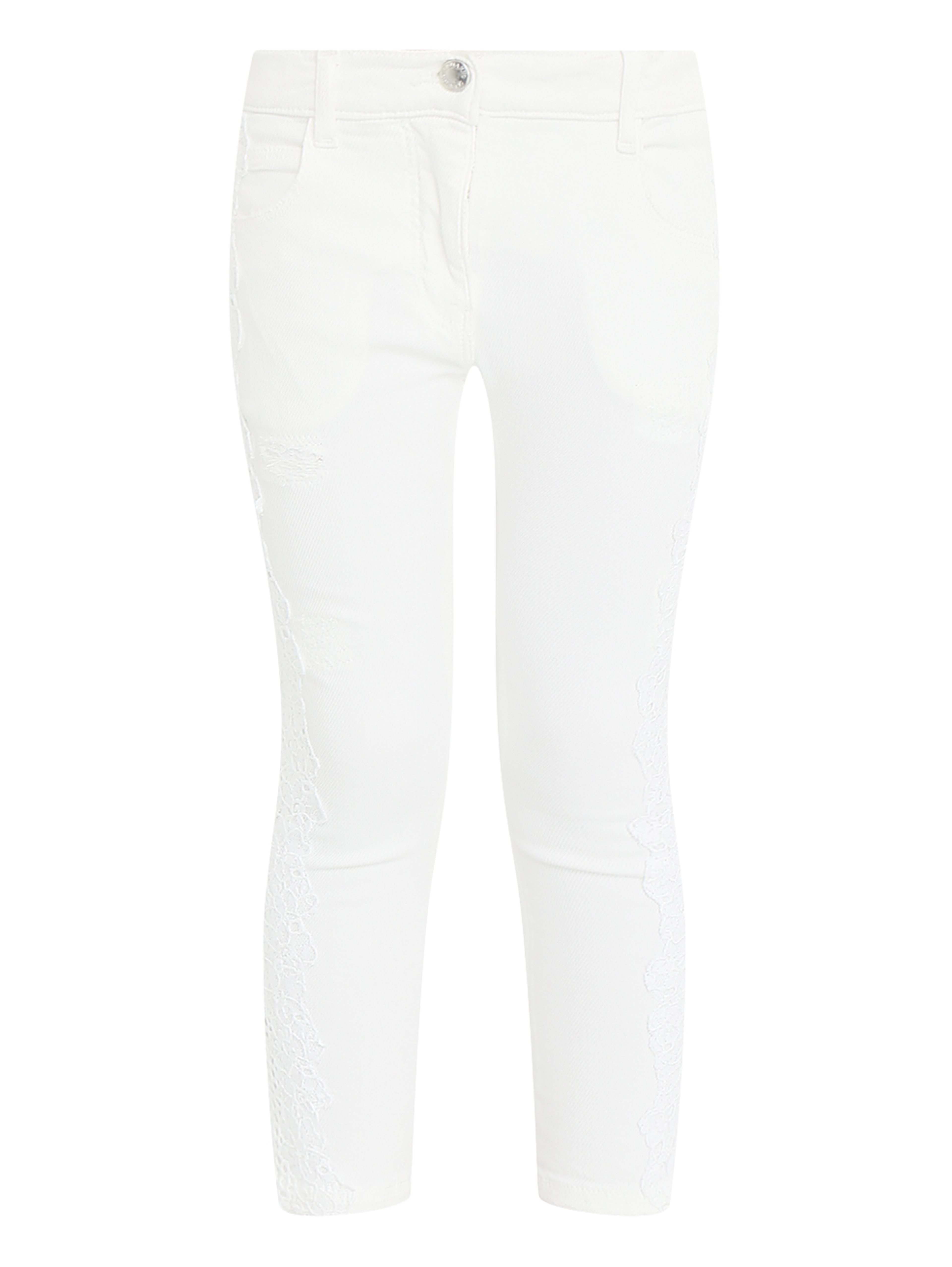 Джинсы укороченные с потертостями декорированные кружевом